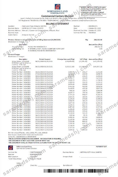 PHILIPPINES ROBINSON LAND CORPORATION utility bill Word and PDF template